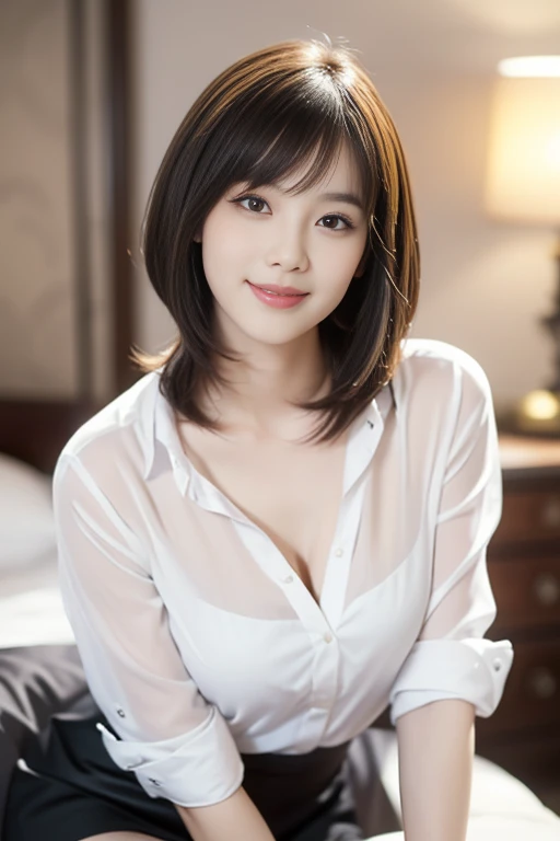 (Photorealistic: 1.4), masterpiece, ultra high resolution, RAW photo, best quality, (hands on chest: 4.0), (open mouthed smile: 4.0), (big smile: 1.5), (white teeth: 2.0), raw photo, Japan beautiful wife 1, 18 years old, pure white skin, petite and six-headed woman, (sexy: 1.4), (cute: 3.0), (eyes with the corners of the eyes down: 2.0), ( Big, round eyes: 3.0), (moisturized eyes: 3.0), (looking at the camera: 3.0), (looking at the front: 2.0), (looking forward: 1.5), (eyebrows falling into a figure eight: 2.0), blush, slender, (black short hair: 1.5), bangs, bangs, exposed breasts, exposed crotch, schoolgirl, miniskirt, panty shots, white lace panties, ( Love hotel room: 3.0),