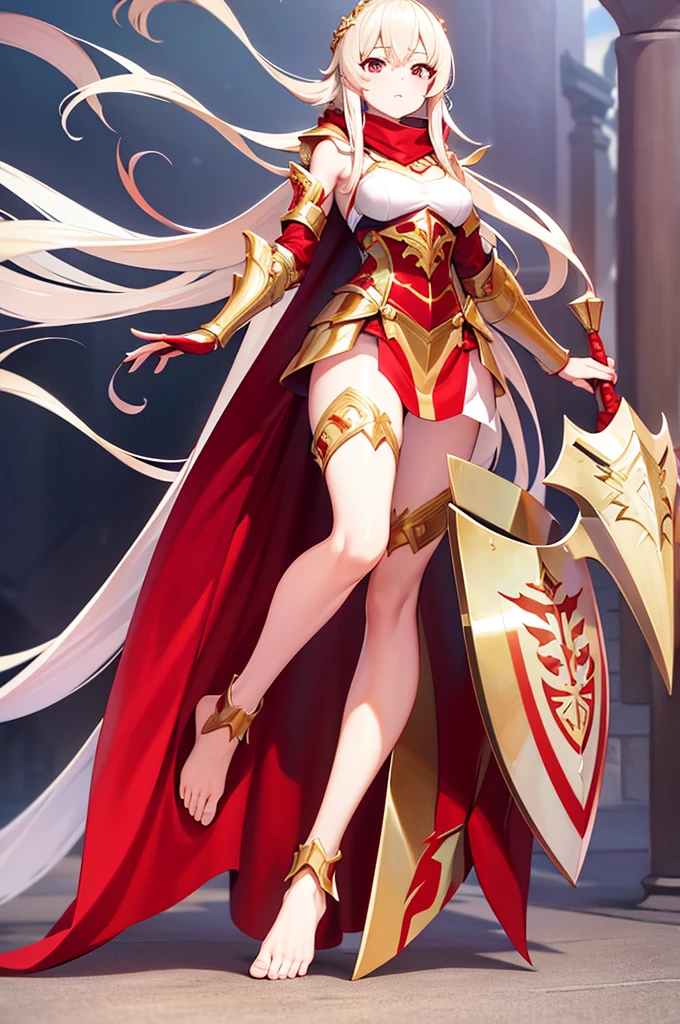 extremly detaled, dynamic pose, bare feet, detaled feet, feet focus perspective,goddess, shine gold and red armor, shield and pike, sexy, long white hair, red cape and scarf, midget, 
