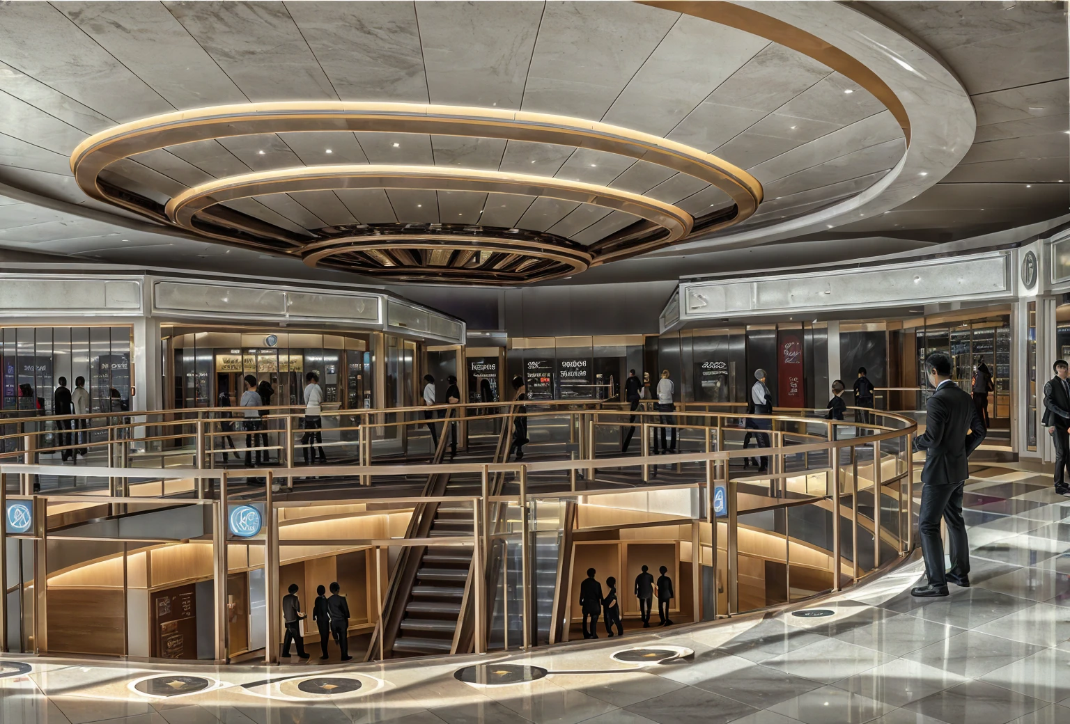 shopping mall space,(Masterpiece, best quality, 8k uhd, dslr, soft light, high quality, super detail, film grain, Fujifilm XT3, UE 5 render 8k, super high resolution, super details: 1.2, dynamic lighting, network lights, magic neon lights), granite floor, white ceiling 1.4