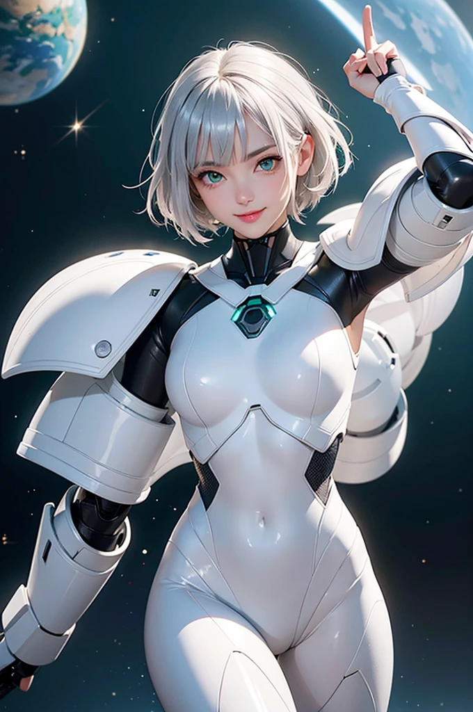 Perfect human body modeling, 1girl, beautiful girl, cute girl and idol face, young face, smile, ahoge and short bob cut and shiny silver hair, , hair, beautiful green eyes, medium breasts, shiny white skin, ears in robot style, black powered armor, full armor, powered leg, Space suits, planetary exploration