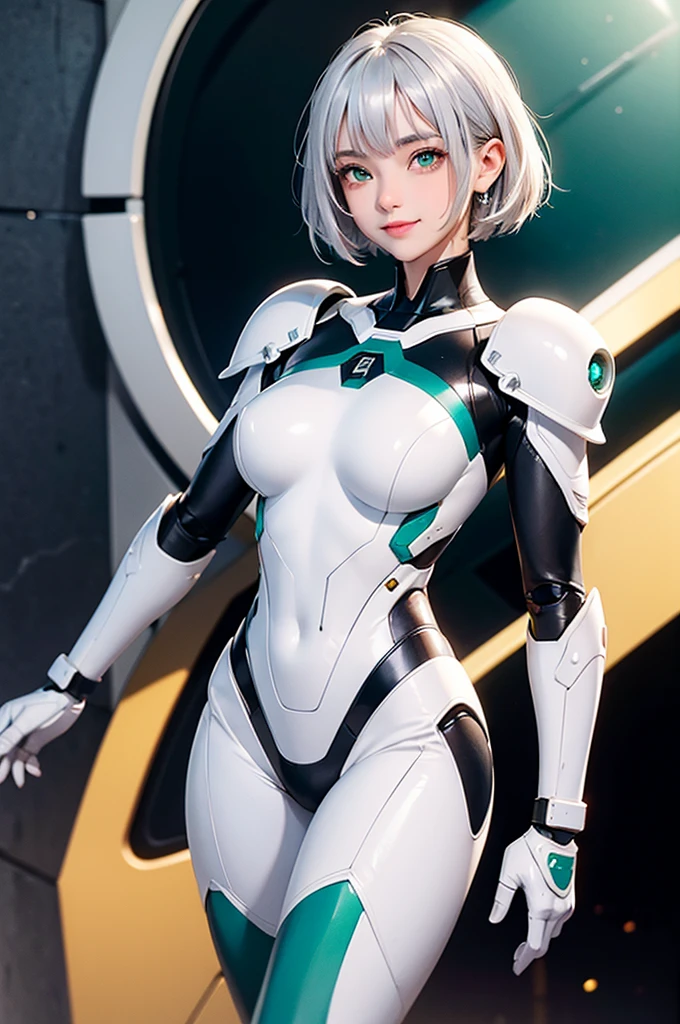 Perfect human body modeling, 1girl, beautiful girl, cute girl and idol face, young face, smile, ahoge and short bob cut and shiny silver hair, , hair, beautiful green eyes, medium breasts, shiny white skin, ears in robot style, black powered armor, full armor, powered leg, Space suits, planetary exploration