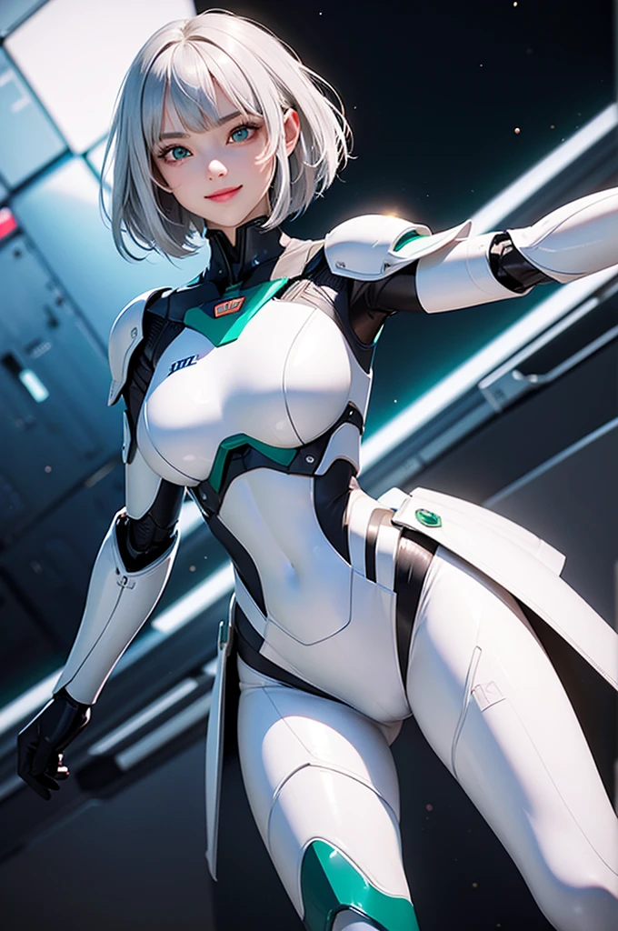 Perfect human body modeling, 1girl, beautiful girl, cute girl and idol face, young face, smile, ahoge and short bob cut and shiny silver hair, , hair, beautiful green eyes, medium breasts, shiny white skin, ears in robot style, black powered armor, full armor, powered leg, Space suits, planetary exploration