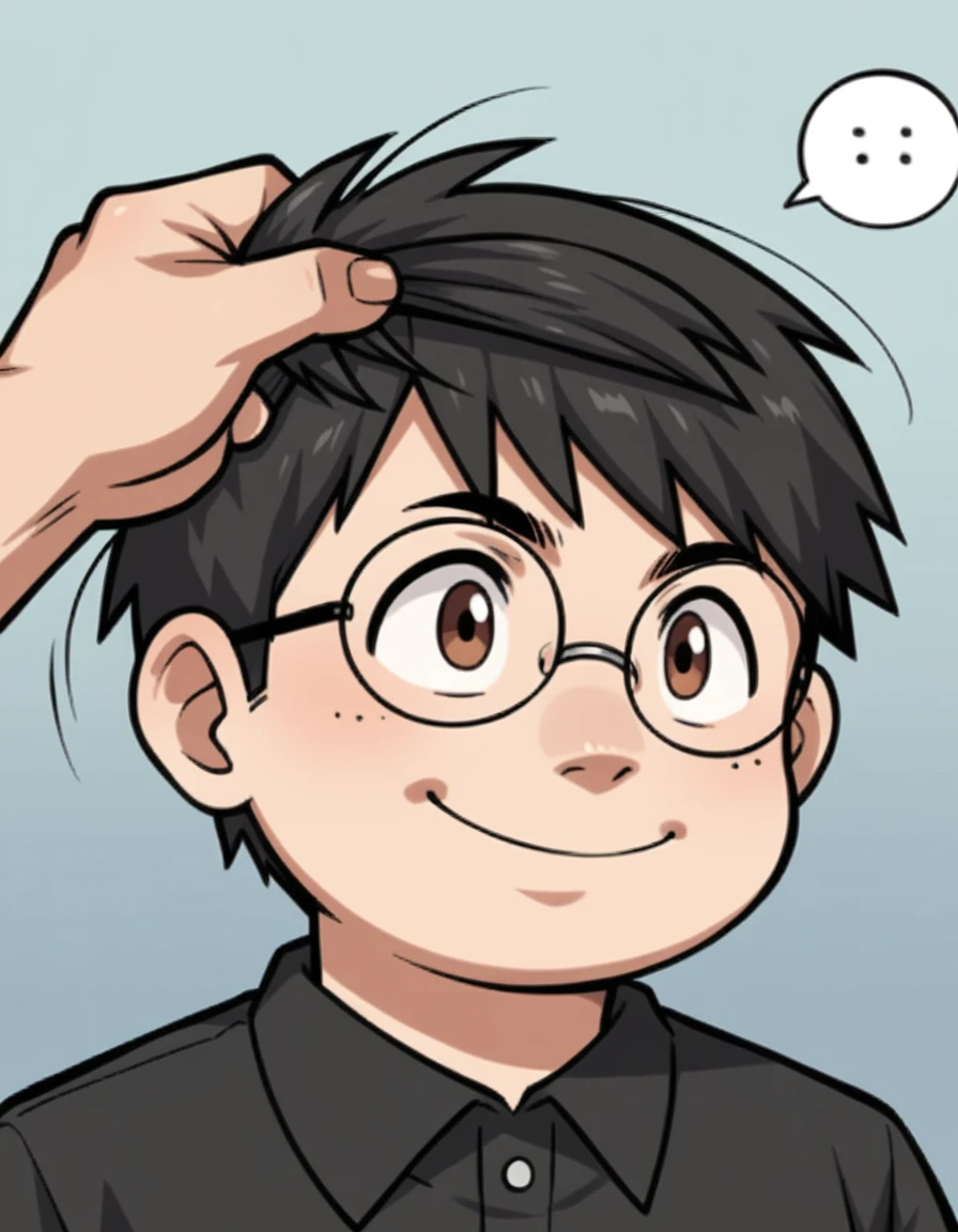 score_9, score_8, One boy,adult, round face,Wearing glasses,short hair,Hair pulled up,Slightly overweight,Black Hair, Brown eyes, Black polo shirt,Slightly sideways, View your viewers, smile, Upper Body, Little