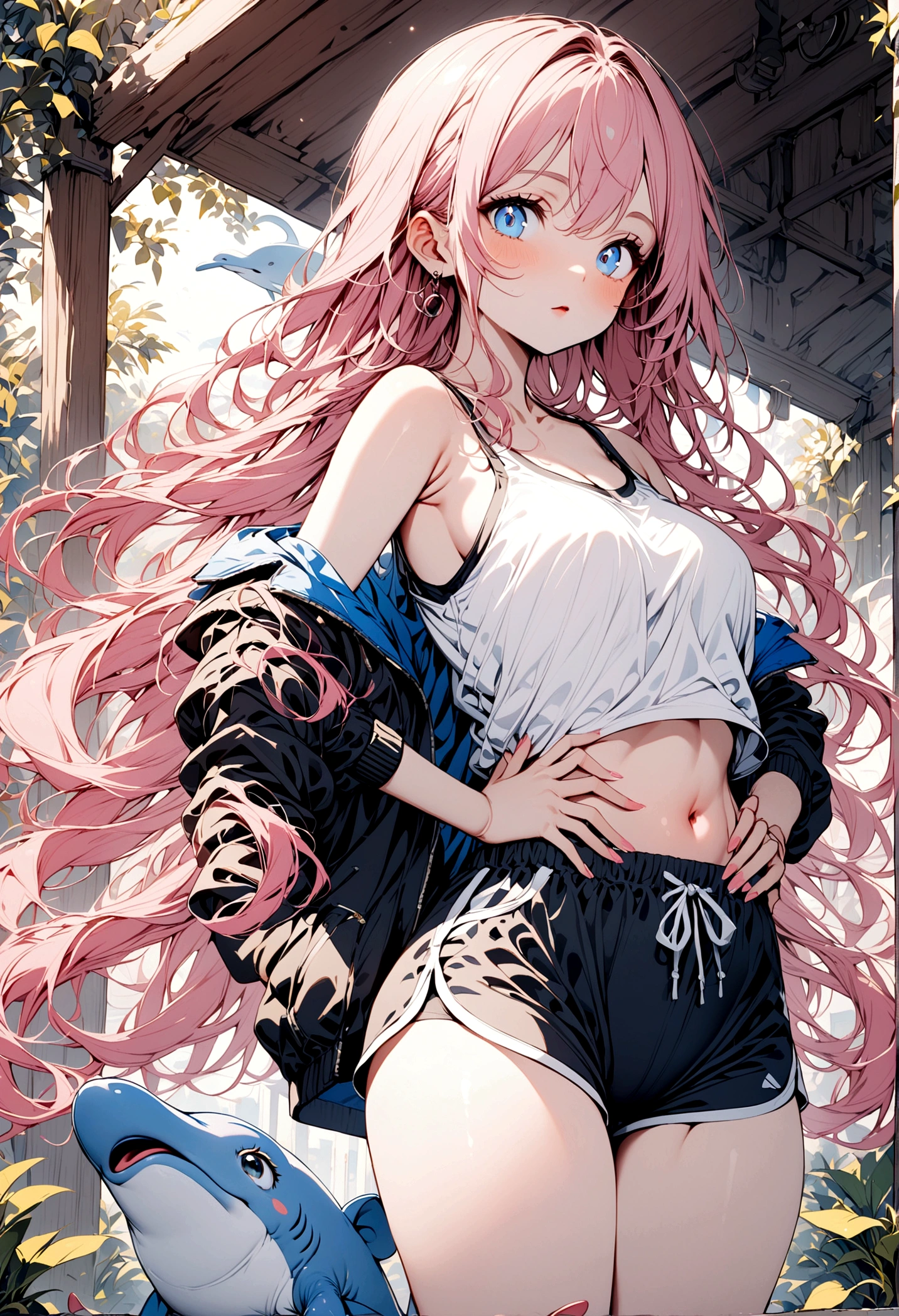 1girl in, Pink twin-tailed hair, blue eyess, a navel, Look at viewers, put hands on the hip, Black jacket, Dolphin Shorts, Rat trail section, (white shirt:1.2), Very long hair, Wide waist,Tank Tops、
Big\(BodyProportions\),