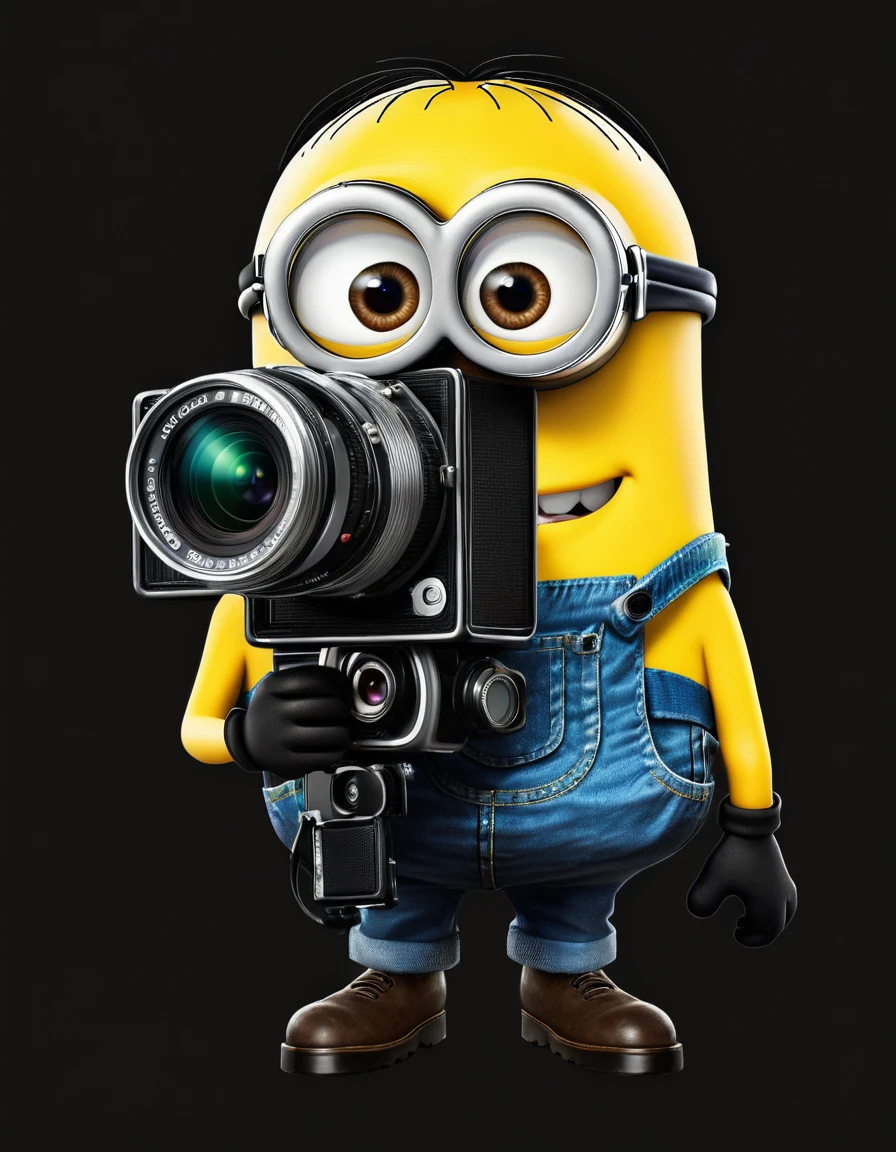 2D image, a minion holding a photo camera, solid black background