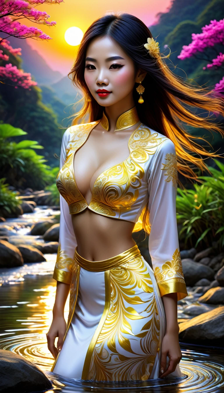 Black light art, Vietnamese woman, wearing traditional white and gold color outfit, next to a flowing stream, nature, (masterpiece, top-quality, Best quality at best, official art, Beautiful and beautiful:1.2), (1个small Breast Girl:1.3), The is very detailed,(s fractal art:1.2),Colorful,The most detailed,( Zentangle neon light:1.2), (dynamicposes), (Abstract background sunset:1.5), (traditionalcostumes:1.2), (Glossy glossy skin), (Lots of colors:1.4), neon,16k,Full-HD