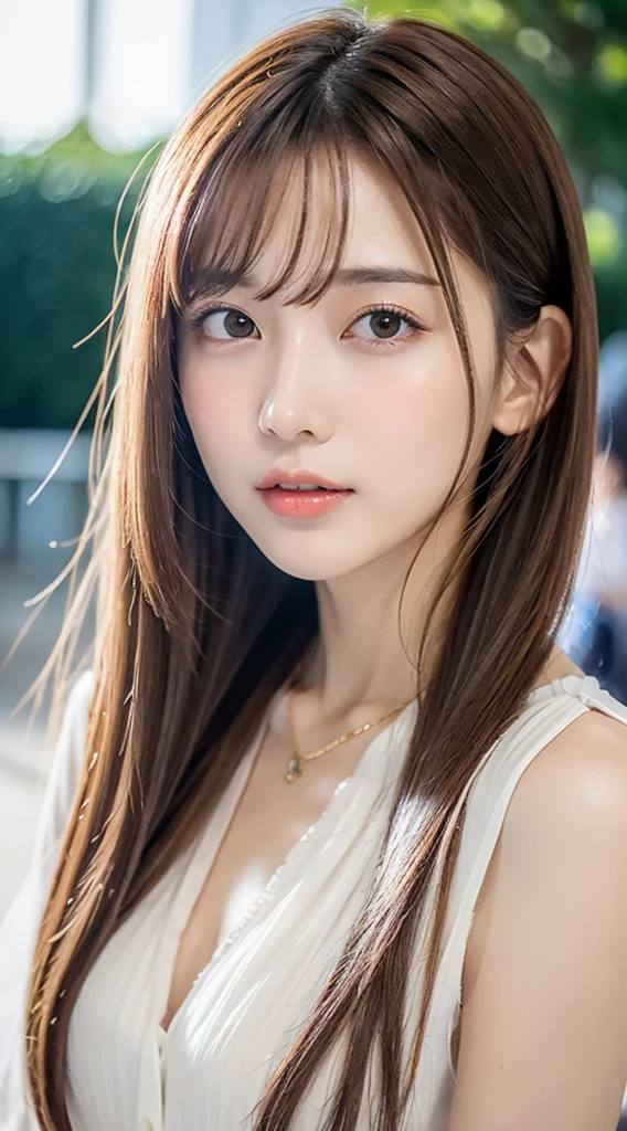 1womanl, up of face, mideum breasts, light brown hair, Blunt bangs, hair behind ear, hair over shoulder, Long hair, slender body shape, Ultra Fine Face, Thin face, Delicate lips, Beautiful eyes, thin blush, eyes are light brown, perfect glossy skin, flawless skin, Glistening sweat,View here, Ultra-thin hands, Ultra-fine fingers, best ratio four finger and one thumb, (realisitic:1.3), See-through white blouse. An amusement park, One-person viewpoint, Fuji Film, F/1.2, 8K, masutepiece, nffsw, Super Detail, High quality, Best Quality, hight resolution