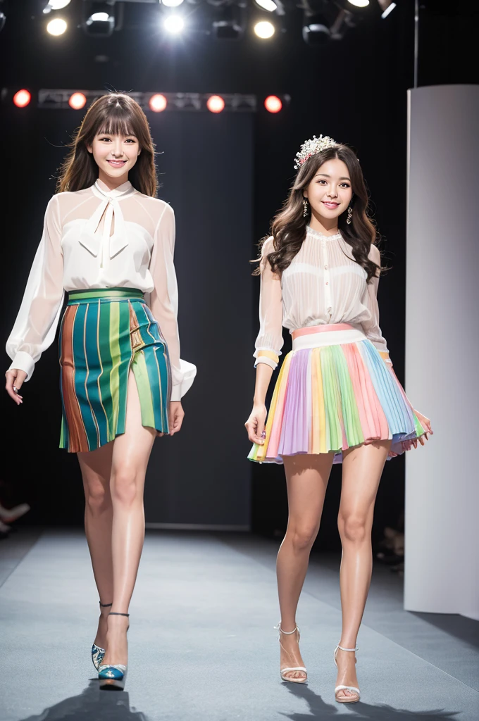 A rainbow-colored skirt with fine pleats sways gracefully.、Sheer blouse、Walking towards me on the runway at a fashion show、The eyes are round and large.、A woman with a cute smile that shows her white teeth, a large bust, a small waist, and a slender figure.、White skin、Japanese woman with long wavy hair、A cute round-faced 20-year-old girl、Slim figure、Wearing high heels、A bright, photographic-quality image showing your entire body, from your high heels to your head、Walking towards me on the runway at a fashion show