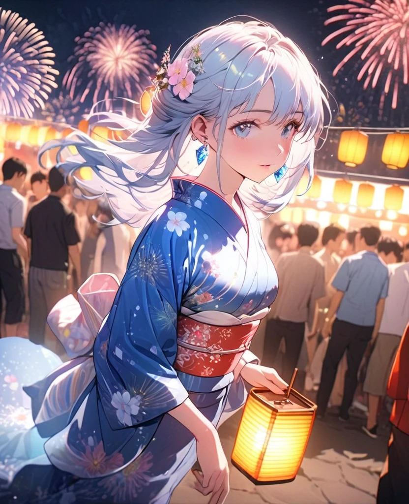 8K,gal,an extremely delicate and beautiful,Beautiful and realistic skin,Shiny jewel-like earrings,glowing tattoo,Long colerful hair,blue eyes,whole body,Sparkly yukata,Summer festival,night,Beautiful fireworks