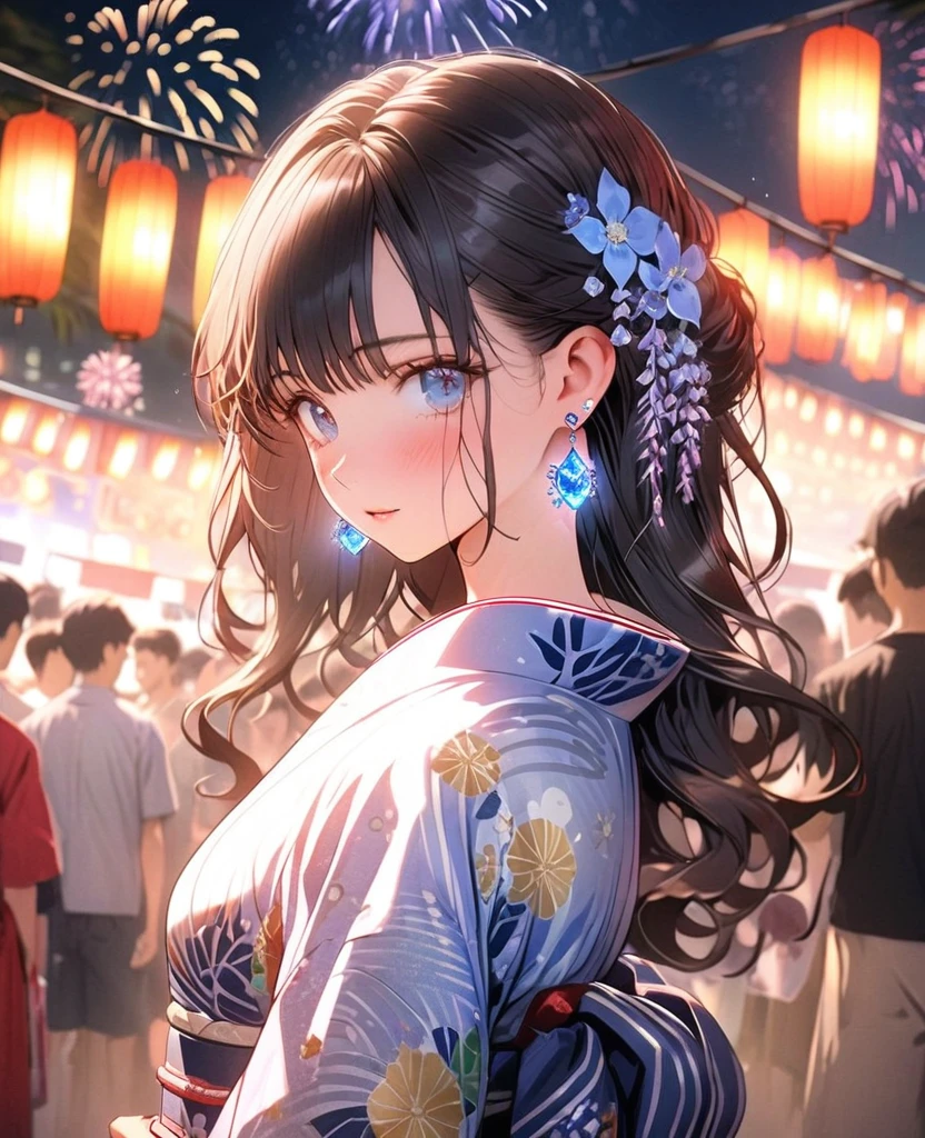 8K,gal，an extremely delicate and beautiful,Beautiful and realistic skin,Shiny jewel-like earrings,glowing tattoo,Long colerful hair,blue eyes,whole body,Sparkly yukata,Summer festival,night,Beautiful fireworks