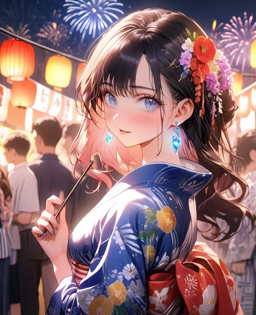 8K,gal,an extremely delicate and beautiful,Beautiful and realistic skin,Shiny jewel-like earrings,glowing tattoo,Long colerful hair,blue eyes,whole body,Sparkly yukata,Summer festival,night,Beautiful fireworks