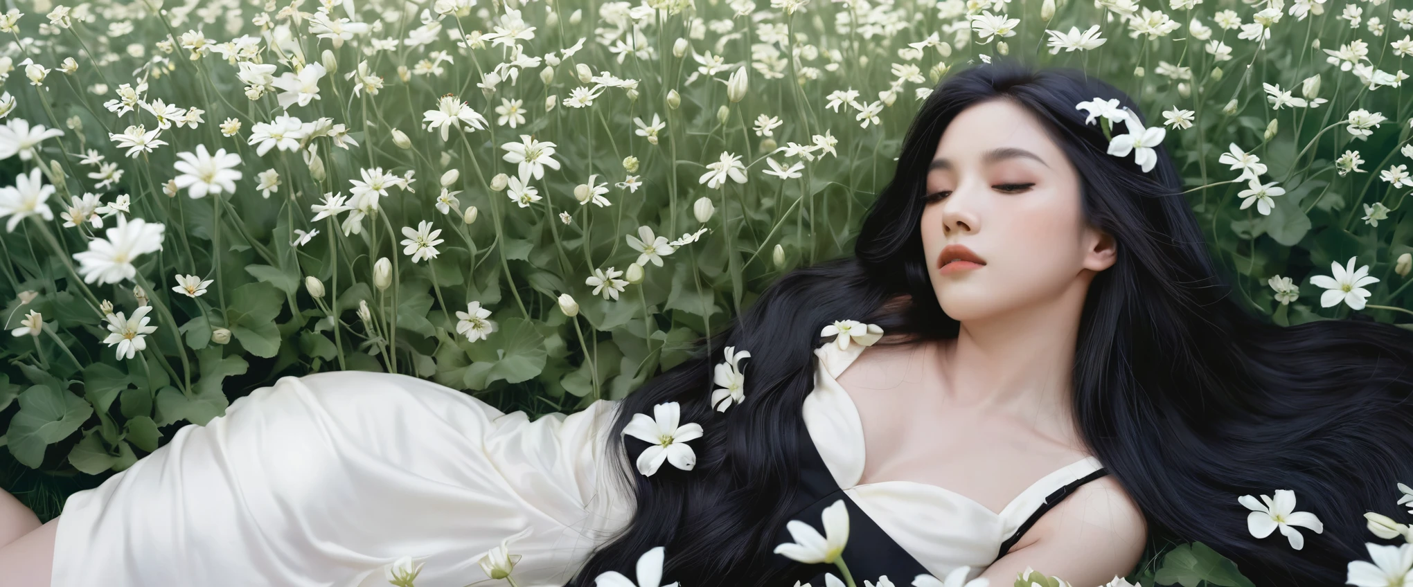 a woman with long black hair and white flowers in her hair is laying down in a field of white flowers, (amy sol:0.248), (stanley artgerm lau:0.106), (a detailed painting:0.353), (gothic art:0.106)