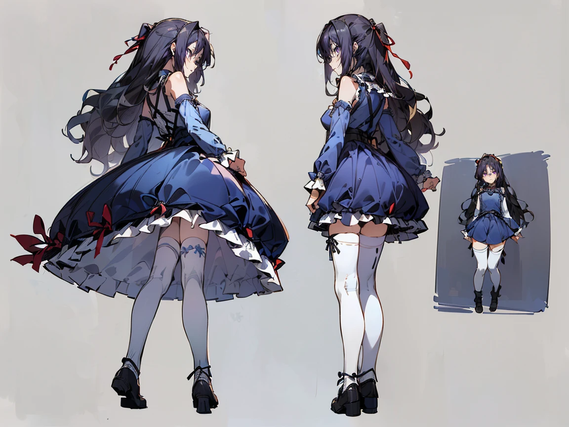 (((three-sided view, front view, side view, back view, multiple views, multiple poses and expressions, many parts)), concept art, character concept art, character sheet, Full body, illustration, (simple background, gray background), 1 character, 1girl, fantasy art:1.1), (reo mikage:0.7), blue lock, girls with((black hair, bangs, (one side up, long wavy hair, ribbon:1.55), perfect hands, perfect fingers, (exposed breasts, tits cleavage, breasts close up:1.2), dress((suspenders, dress, belt, nun:1.15), (blue clothes, frills shirt, no sleeves, sleeveless, frills panniers, long sleeves, white legwear, thighhighs, single thighhighs, single legwear, black footwear, strap shoes:1.42))