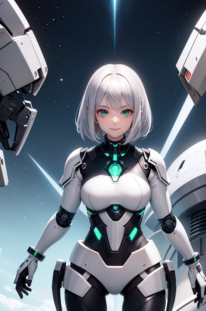 Perfect human body modeling, 1girl, beautiful girl, cute girl and idol face, young face, smile, ahoge and short bob cut and shiny silver hair, , hair, beautiful green eyes, medium breasts, shiny white skin, ears in robot style, black powered armor, full armor, powered leg, Space suits, planetary exploration