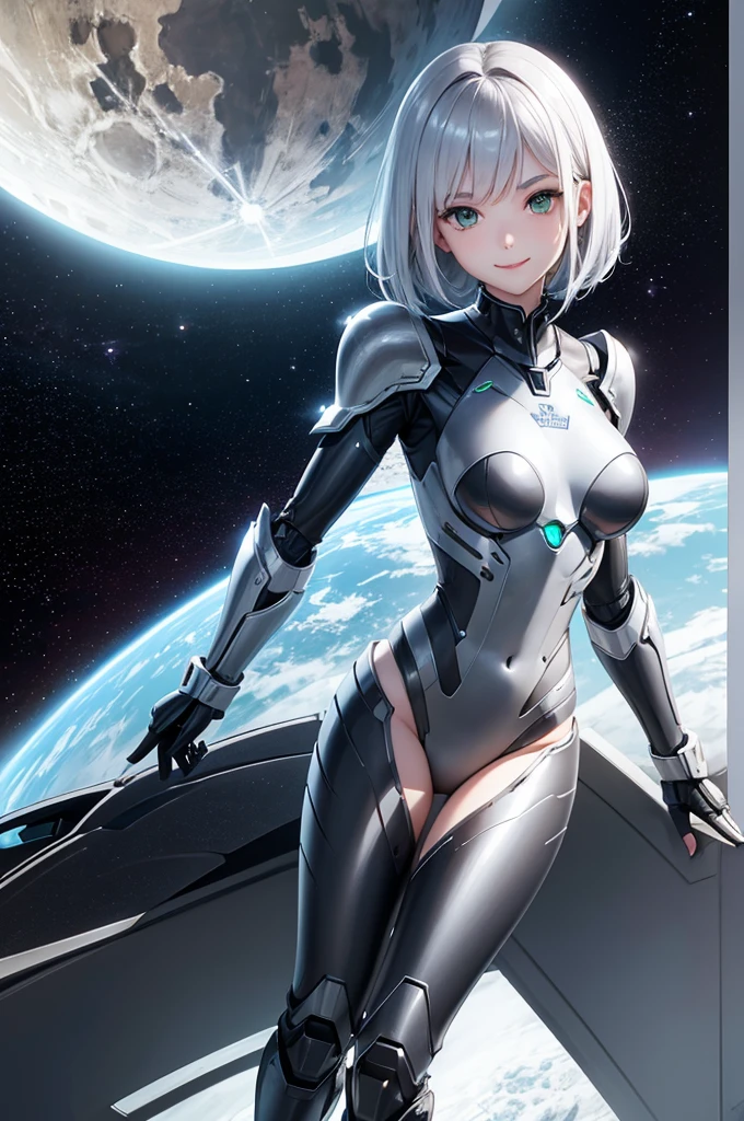 Perfect human body modeling, 1girl, beautiful girl, cute girl and idol face, young face, smile, ahoge and short bob cut and shiny silver hair, , hair, beautiful green eyes, medium breasts, shiny white skin, ears in robot style, black powered armor, full armor, powered leg, Space suits, planetary exploration