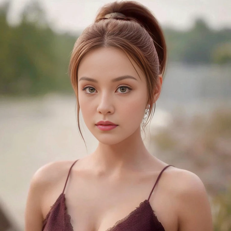 Araaf woman close-up, ของผู้หญิงlong hairชาวเอเชียตะวันออกเฉียงใต้ที่มีใบหน้ากลม, ,ponytail, long hairลอยปลิวขึ้น, Large chest 36 inches, Warm light, morning sun,  long hair,black eyes,abdominal muscles, The body is beautiful and strong., rounded chest, (digital painting, HDR, high contrast), 3-D, 8K, 45,000,000 pixcls,