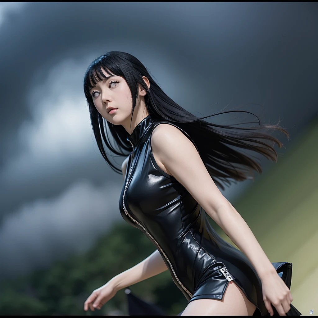 Beautiful Ghibli style of Hinata Hyuga at Konoha in real life Action cosplay, wearing Versace Ninja Suit. Low angle Splashing photography effect, gloomy low key lighting, random digital Wallpaper background . Use the Sigma fisheye lens, f/3.5. Analog Movie, dramatic weather