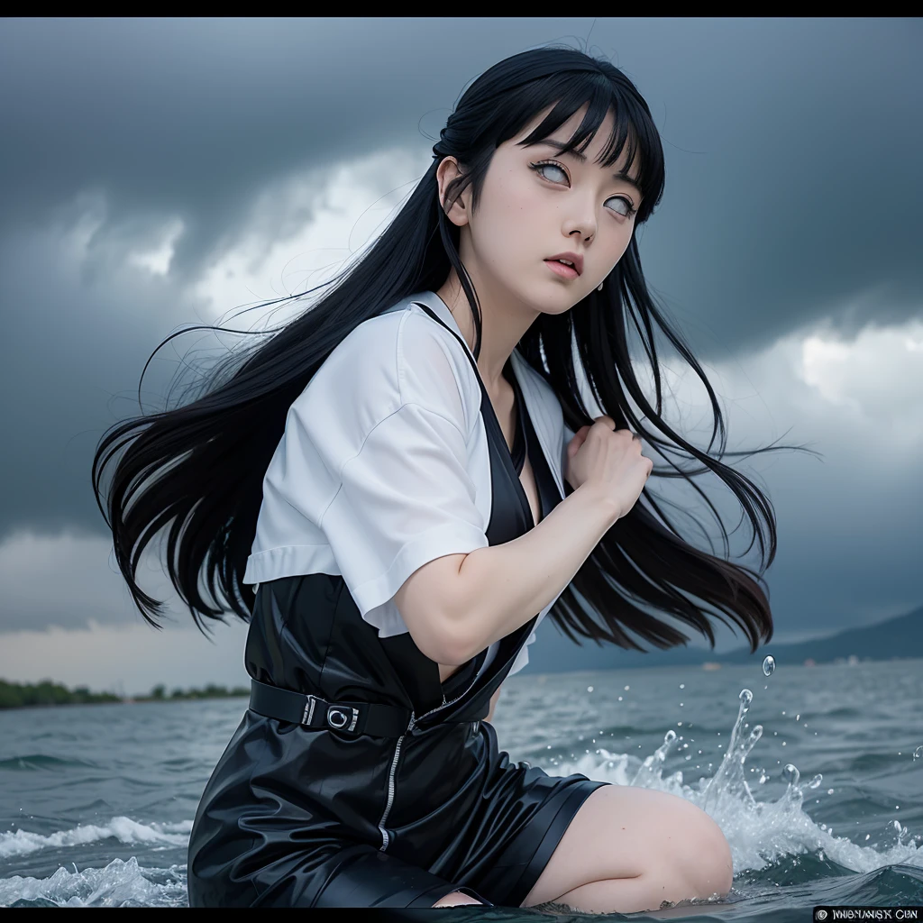 Beautiful Ghibli style of Hinata Hyuga at Konoha in real life Action cosplay, wearing Versace Ninja Suit. Low angle Splashing photography effect, gloomy low key lighting, random digital Wallpaper background . Use the Sigma fisheye lens, f/3.5. Analog Movie, dramatic weather