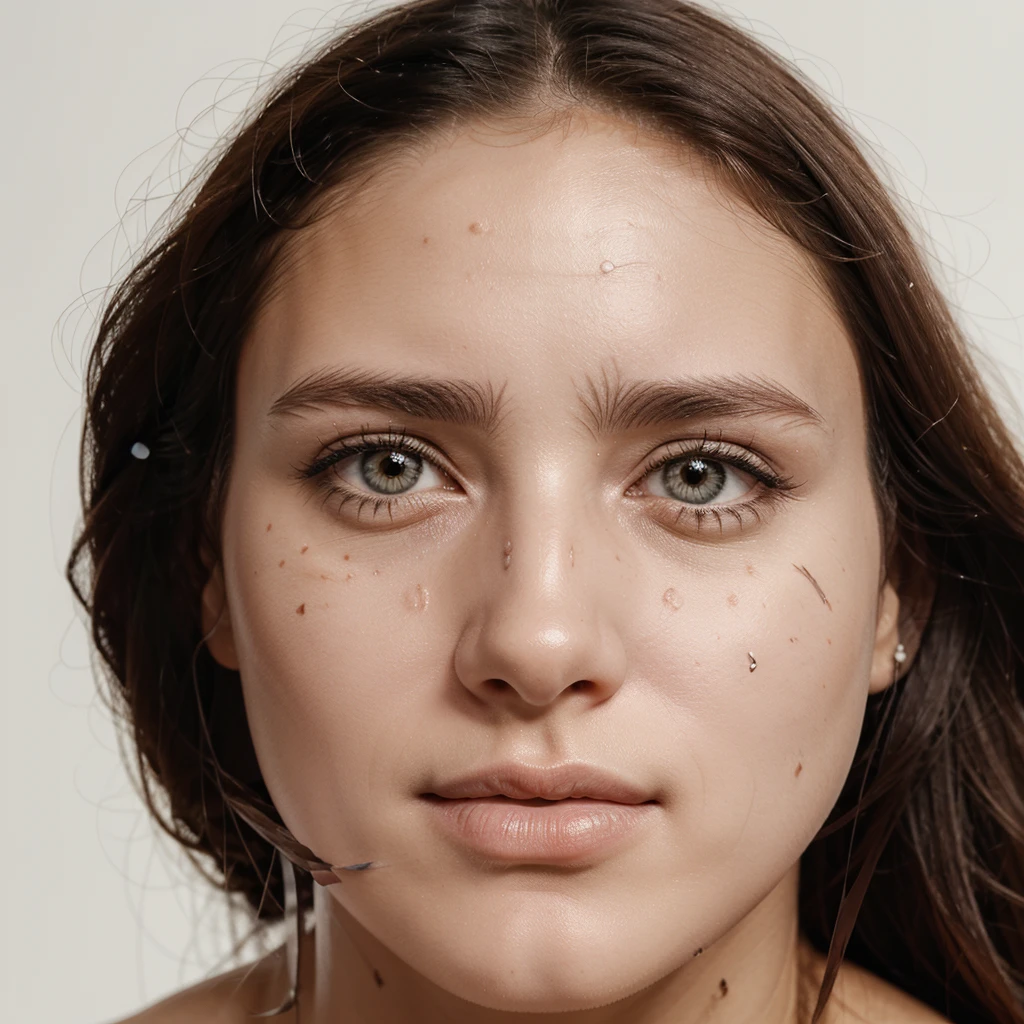 realistic quality. on a white background. head. nose, mouth, eyes. scattered over the face. they are connected by scars. the scars have pins on them. skin color is realistic. picture quality as in life. 
