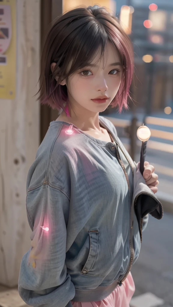 RAW shooting,12K, 最high quality, masterpiece, 超High resolution, (realistic:1.4), Raw photo, 1 girl,, short hair, (masterpiece, 最high quality, high quality, High resolution, Super detailed),pink hair, (ht lights:1.4), Cyberpunk attire、Layer Color、Clothes with many zippers、baggy clothes、White, pink, blue and yellow colored clothes、looking at the viewer、near future