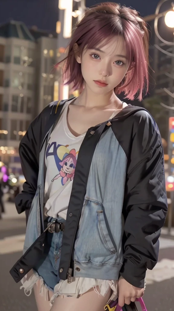 RAW shooting,12K, 最high quality, masterpiece, 超High resolution, (realistic:1.4), Raw photo, 1 girl,, short hair, (masterpiece, 最high quality, high quality, High resolution, Super detailed),pink hair, (Night lights:1.4), Cyberpunk attire、Layer Color、Clothes with many zippers、baggy clothes、White, pink, blue and yellow colored clothes、looking at the viewer、near future