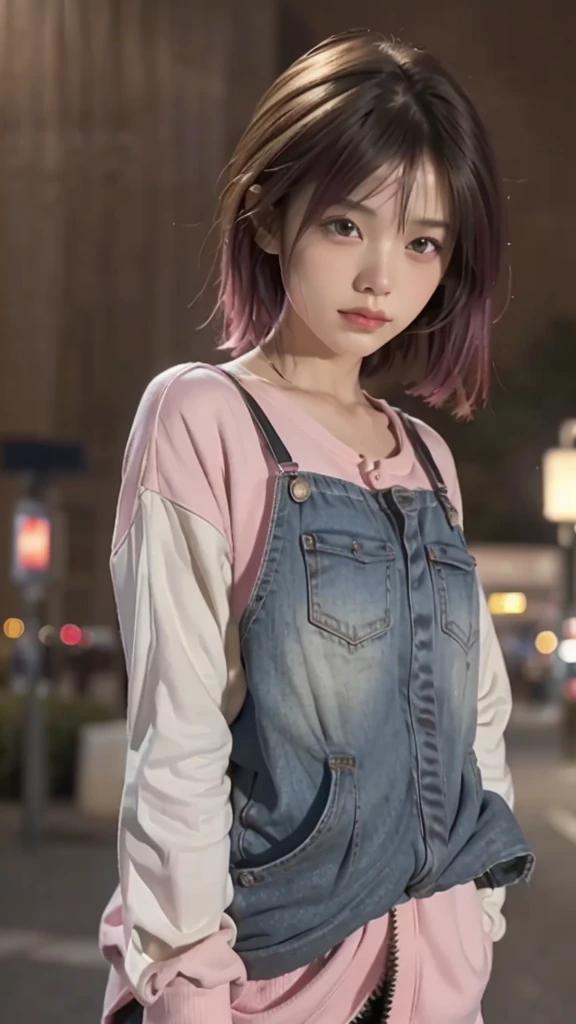 RAW shooting,12K, 最high quality, masterpiece, 超High resolution, (realistic:1.4), Raw photo, 1 girl,, short hair, (masterpiece, 最high quality, high quality, High resolution, Super detailed),pink hair, (Night lights:1.4), Cyberpunk attire、Layer Color、Clothes with many zippers、baggy clothes、White, pink, blue and yellow colored clothes、looking at the viewer、near future