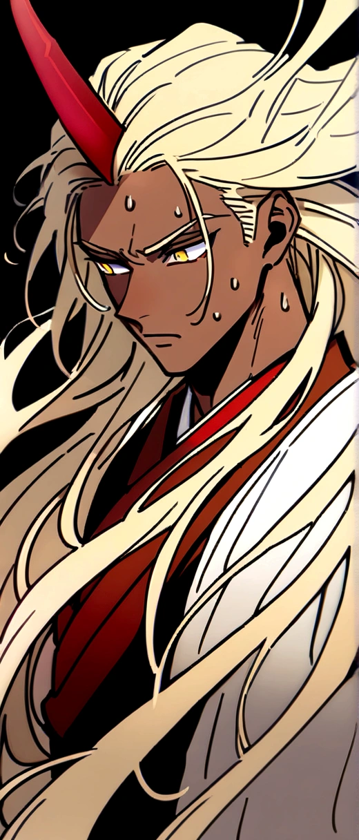 Beautiful young man with blond hair and dark skin, 20-year-old, Yellow Eyes, A single red horn grows from the right side of its head..., Wearing traditional Korean clothing, Waist-length flowing hair.Use magic,Sweating and looking tense.