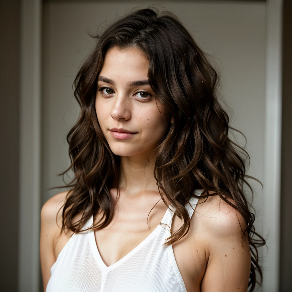 1 woman,22 years old , wavy hair, dark brown eyes, photoshooting