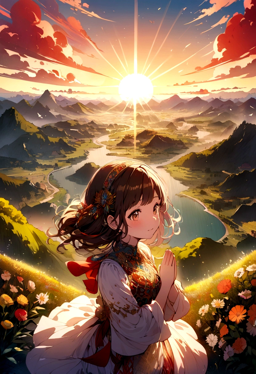make a beautiful girl praying with an incredible landscape in the background and the sun rising to inspire people