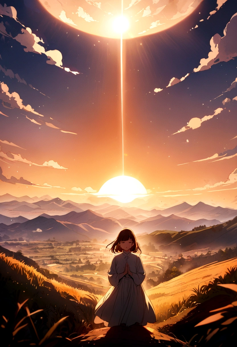 make a beautiful girl praying with an incredible landscape in the background and the sun rising to inspire people