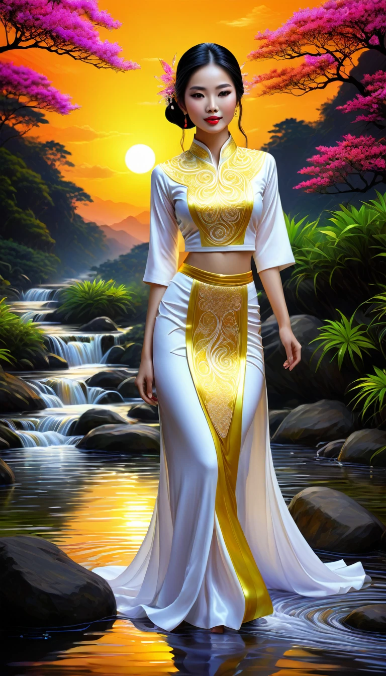 Black light art, Vietnamese woman, wearing traditional white and gold color outfit, next to a flowing stream, nature, (masterpiece, top-quality, Best quality at best, official art, Beautiful and beautiful:1.2), (1个small Breast Girl:1.3), The is very detailed,(s fractal art:1.2),Colorful,The most detailed,( Zentangle neon light:1.2), (dynamicposes), (Abstract background sunset:1.5), (traditionalcostumes:1.2), (Glossy glossy skin), (Lots of colors:1.4), neon,16k,Full-HD