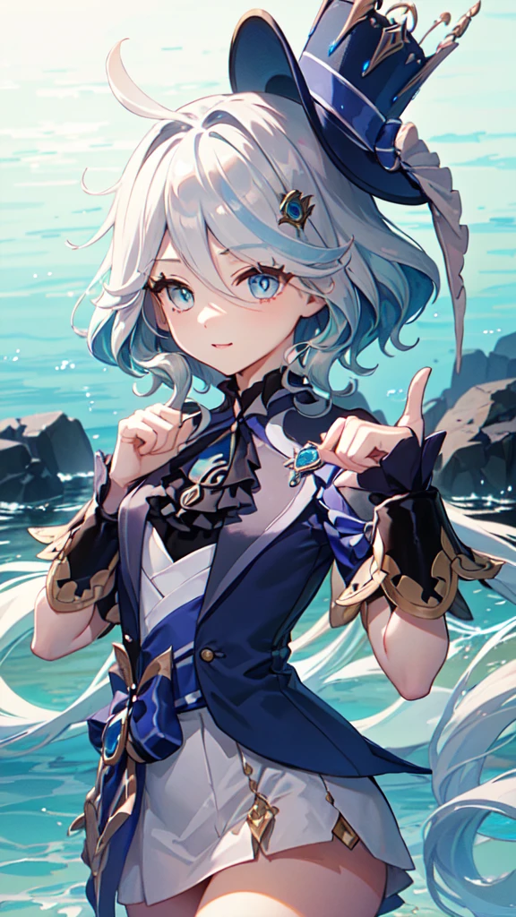 (White skirt),(((Wearing a small black hat)))Forrina, Surrealism, 8K, Super Detail, Hydraulic Archon, permanent, Naughty face, smug, beautiful eyes, masterpiece, high resolution, 8K, Anime woman, The writing is delicate and meticulous 、Detailed digital illustration、(((Genshin Impact))、Shiny hair、A very beautiful woman、High image quality, high quality、Detailed background、The inside of the eye sparkles like a diamond、(((Blue Hair)))、(((Scan your fringe)))、Gradient pupil、(((2 arms、4 fingers, 1 thumb)))、Detailed female face、A very beautiful woman、、Detailed background、masterpiece、Soft Focus , Bright gradient watercolor , lens flare , (((flash))) , glow , excellent ,、((Very beautiful light blue rose hair accessories)), Beach Background,Standing in water swimming