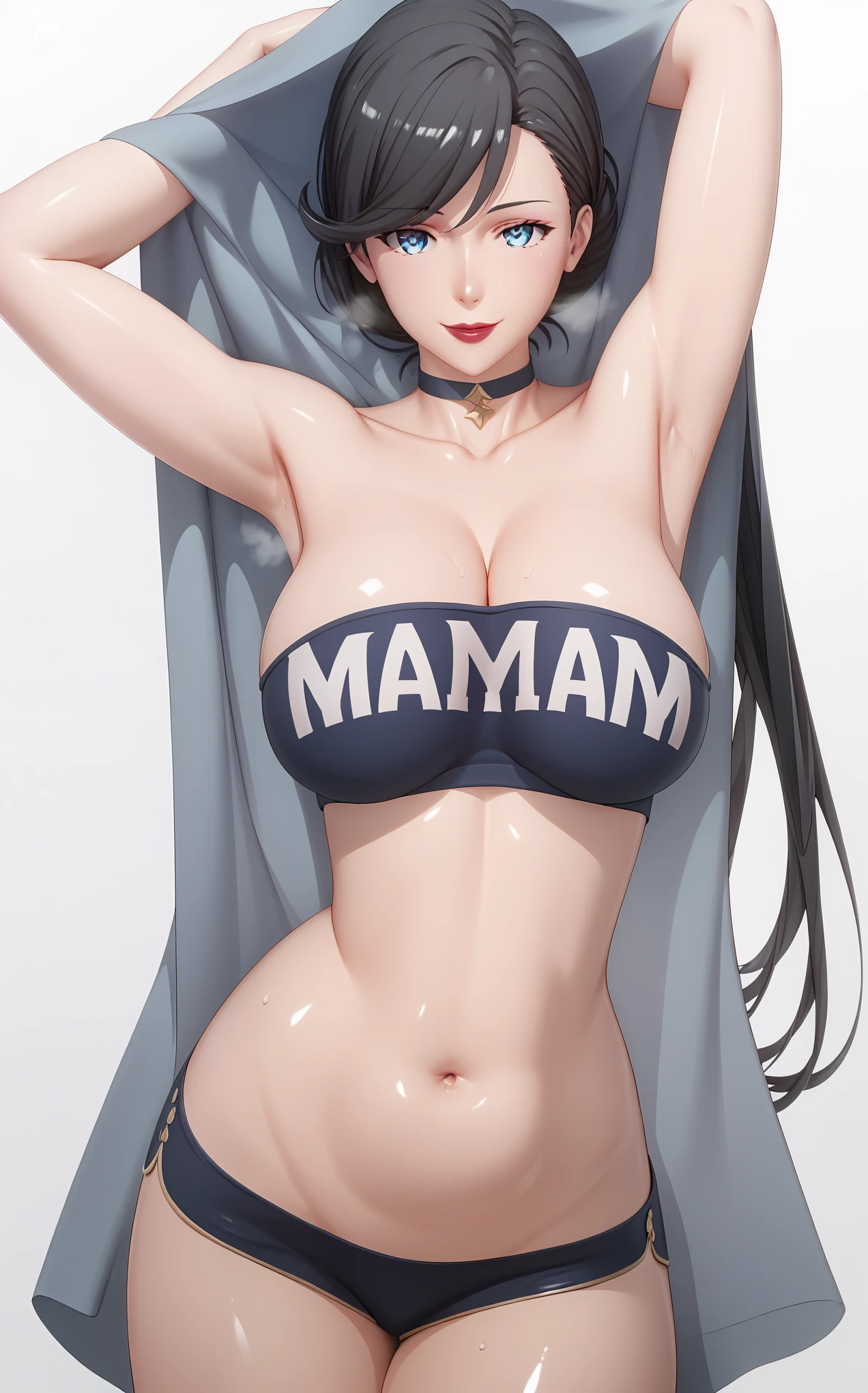 score_9, score_8_up, score_7_up, score_6_up, uncensored, mrs yukinoshita, black hair, hair bun, red lips, blue eyes, naughty face, makeup, shiny skin, sweating, steaming body, happy, heavy breathing, detailed body, detailed eyes, BREAK (masterpiece:1.2), best quality, high resolution, unity 8k wallpaper, (illustration:0.8), (beautiful detailed eyes:1.3), extremely detailed face, perfect lighting, extremely detailed CG, (perfect hands, perfect anatomy), hearts, pleasured, Expressiveh, armpits, breasts, 1girl, swimsuit, navel, rating:safe, bikini, looking_at_viewer, large_breasts, bare_shoulders, breasts press, thighs, arms_behind_head, cleavage, strapless, stings bikini, seductive smile collarbone, striped, choker, arms_up, clothes_writing, mama
