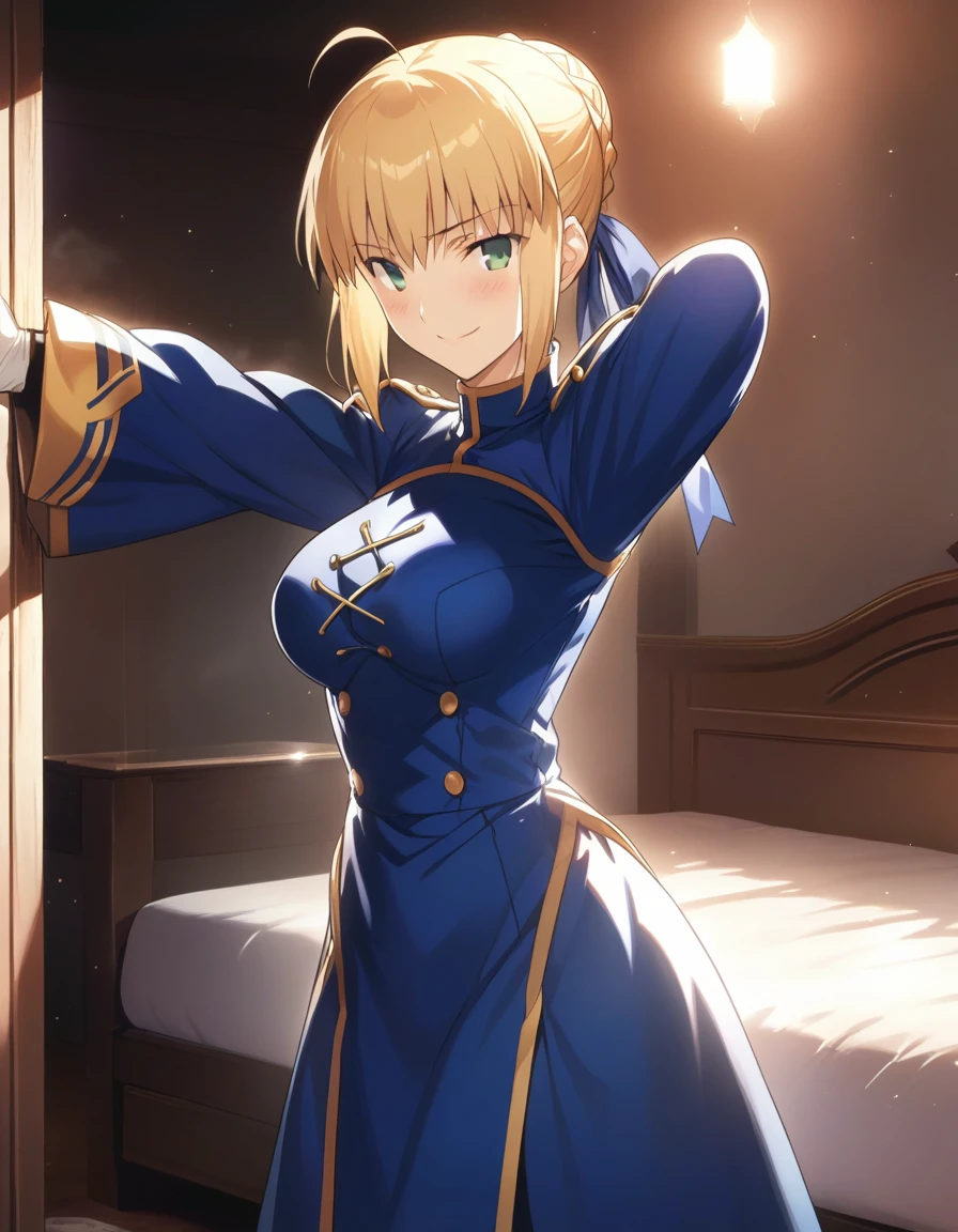 best quality, amazing quality, very aesthetic, 1girl, saber, fate/stay night, 1girl, saber, fate/stay night, , (artist official art:1.5), french braid bun hair, ahoge_hair, green eyes, steaming body, large breasts, jitome, cinematic light, official_blue_long_sleeve_royal_dress, stand_up_straight, arms_behind, on the bedroom, happy, smile, blush, night, looking_at_viewer, oily_skin, cool