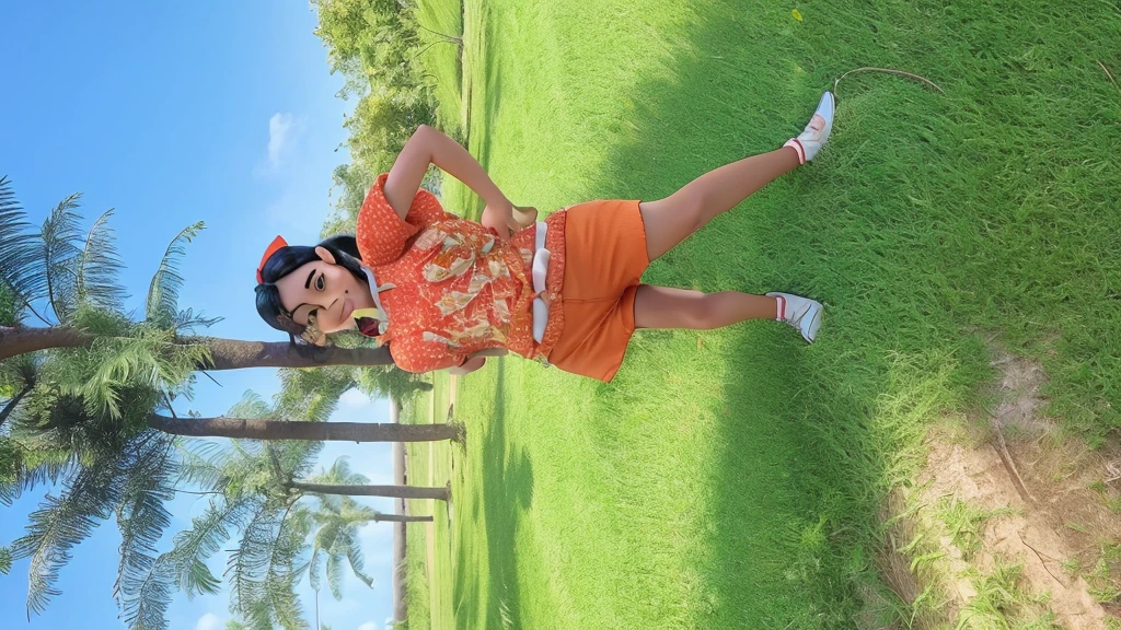 A happy woman standing forward posing for the camera, with orange clothes and a red bow in her black hair. It is in a park with coconut trees in the background and on very low green grass.