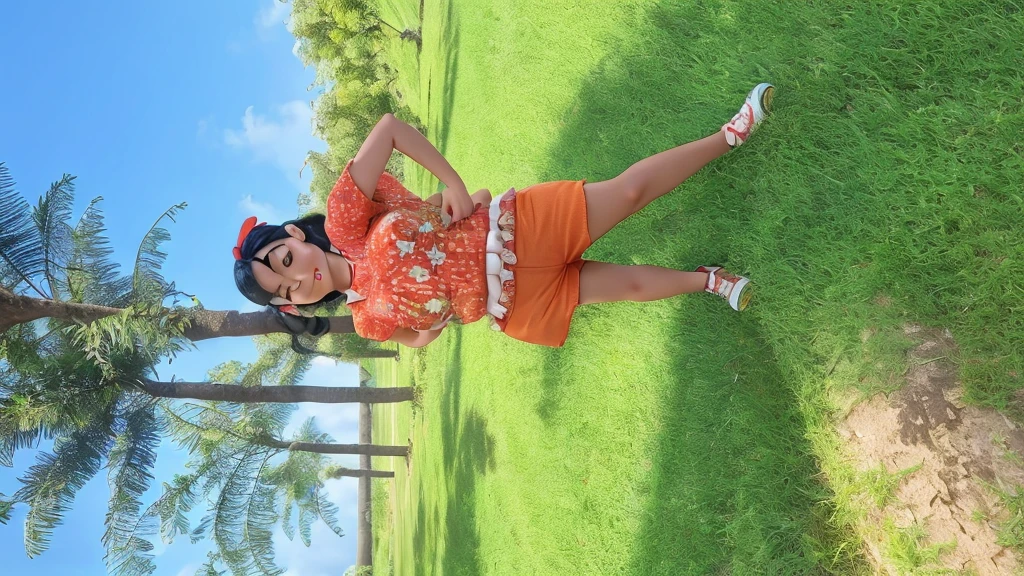 A happy woman standing forward posing for the camera, with orange clothes and a red bow in her black hair. It is in a park with coconut trees in the background and on very low green grass.
