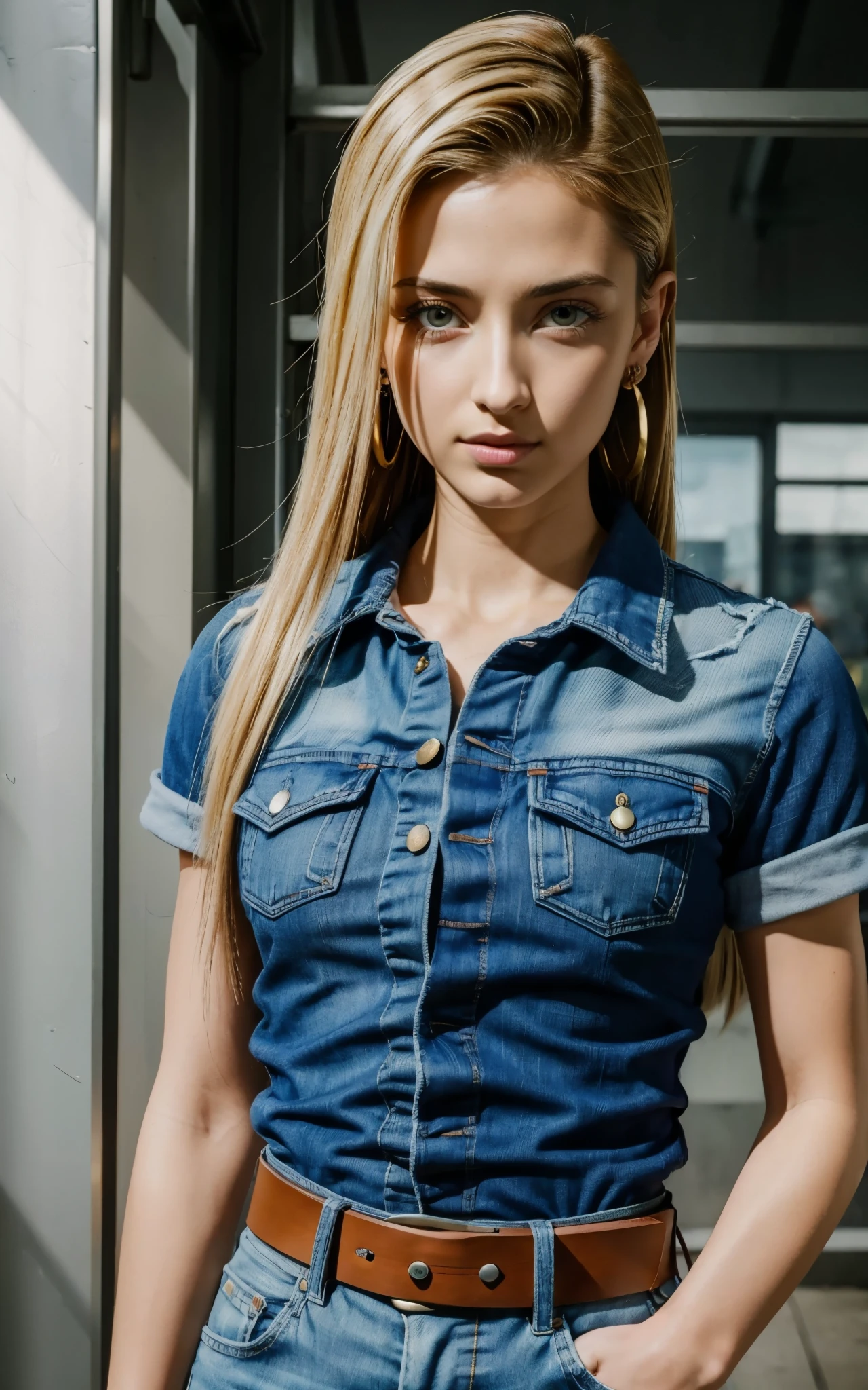 (masterpiece, best quality), ,android18, earrings, denim, belt upper body, focus face, perfect face, Emily Rudd.