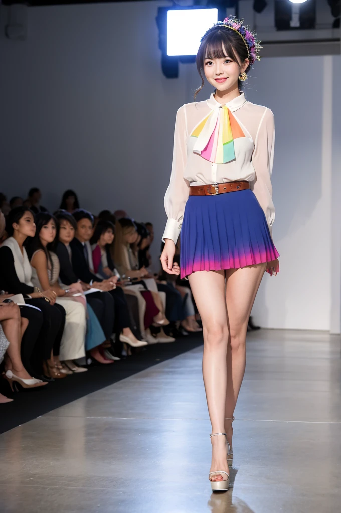 A rainbow-colored skirt with fine pleats sways gracefully.、Sheer blouse、Walking towards me on the runway at a fashion show、The eyes are round and large.、A woman with a cute smile that shows her white teeth, a large bust, a small waist, and a slender figure.、White skin、Japanese woman with long wavy hair、A cute round-faced 20-year-old girl、Slim figure、Wearing high heels、A bright, photographic-quality image showing your entire body, from your high heels to your head、Walking towards me on the runway at a fashion show