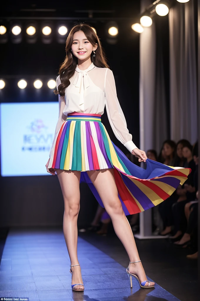 A rainbow-colored skirt with fine pleats sways gracefully.、Sheer blouse、Walking towards me on the runway at a fashion show、The eyes are round and large.、A woman with a cute smile that shows her white teeth, a large bust, a small waist, and a slender figure.、White skin、Japanese woman with long wavy hair、A cute round-faced 20-year-old girl、Slim figure、Wearing high heels、A bright, photographic-quality image showing your entire body, from your high heels to your head、Walking towards me on the runway at a fashion show