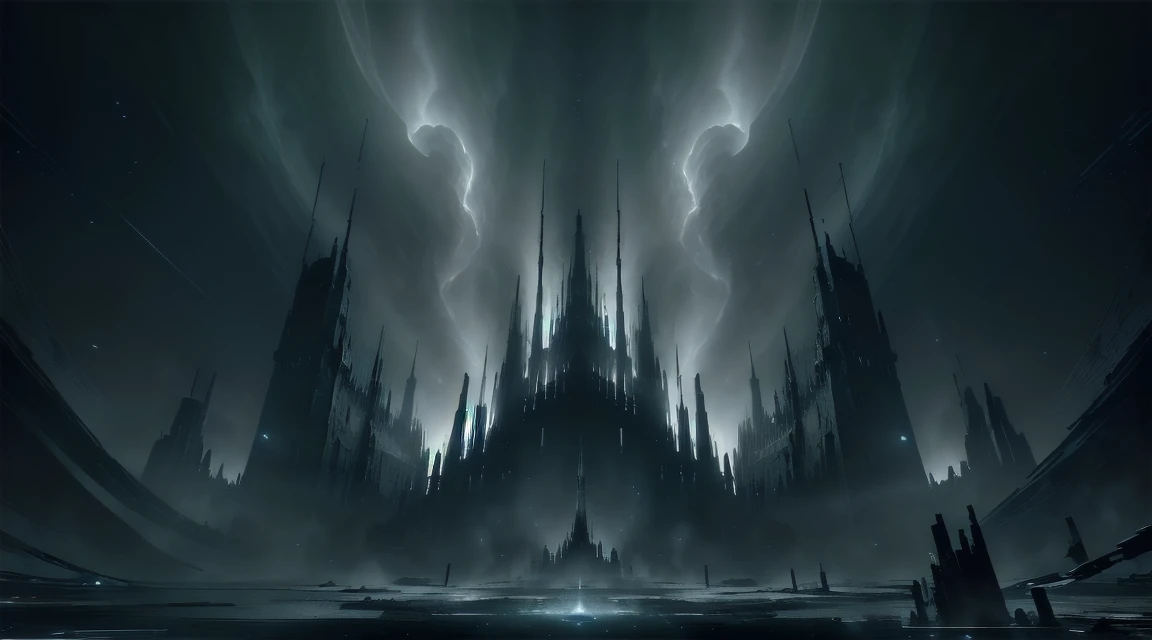 an image with a point of white light emanating fluctuating voice frequencies in the 4 cardinal directions against a dark empty background, abstract, fractal, (masterpiece, top quality, best quality, dark, desolate, dystopian:1.2),