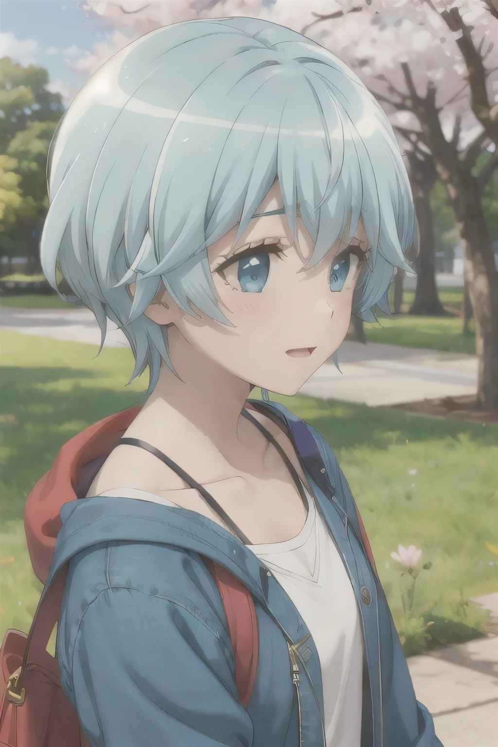 Looking forward to the future,Blue Hair,A convention under the cherry blossom tree