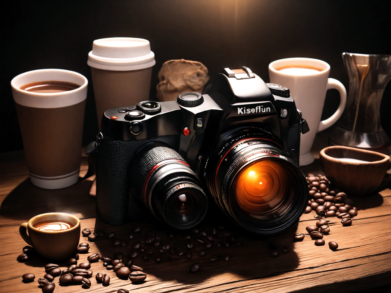 A coffee cup filled with coffee placed on a wooden table,Realistic photos ,A magnificent composition ,Advertising scene,Illuminated by three light points,Taken on an IQ180 Phaseone camera with a 24mm lens,Hero Shot View,A magnificent composition ,Kinesiology,Cinematic Color Grading