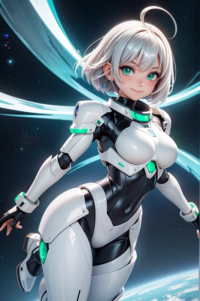 Perfect human body modeling, 1girl, beautiful girl, cute girl and idol face, young face, smile, ahoge and short bob cut and shiny silver hair, , hair, beautiful green eyes, medium breasts, shiny white skin, ears in robot style, black powered armor, full armor, powered leg, Space suits, planetary exploration