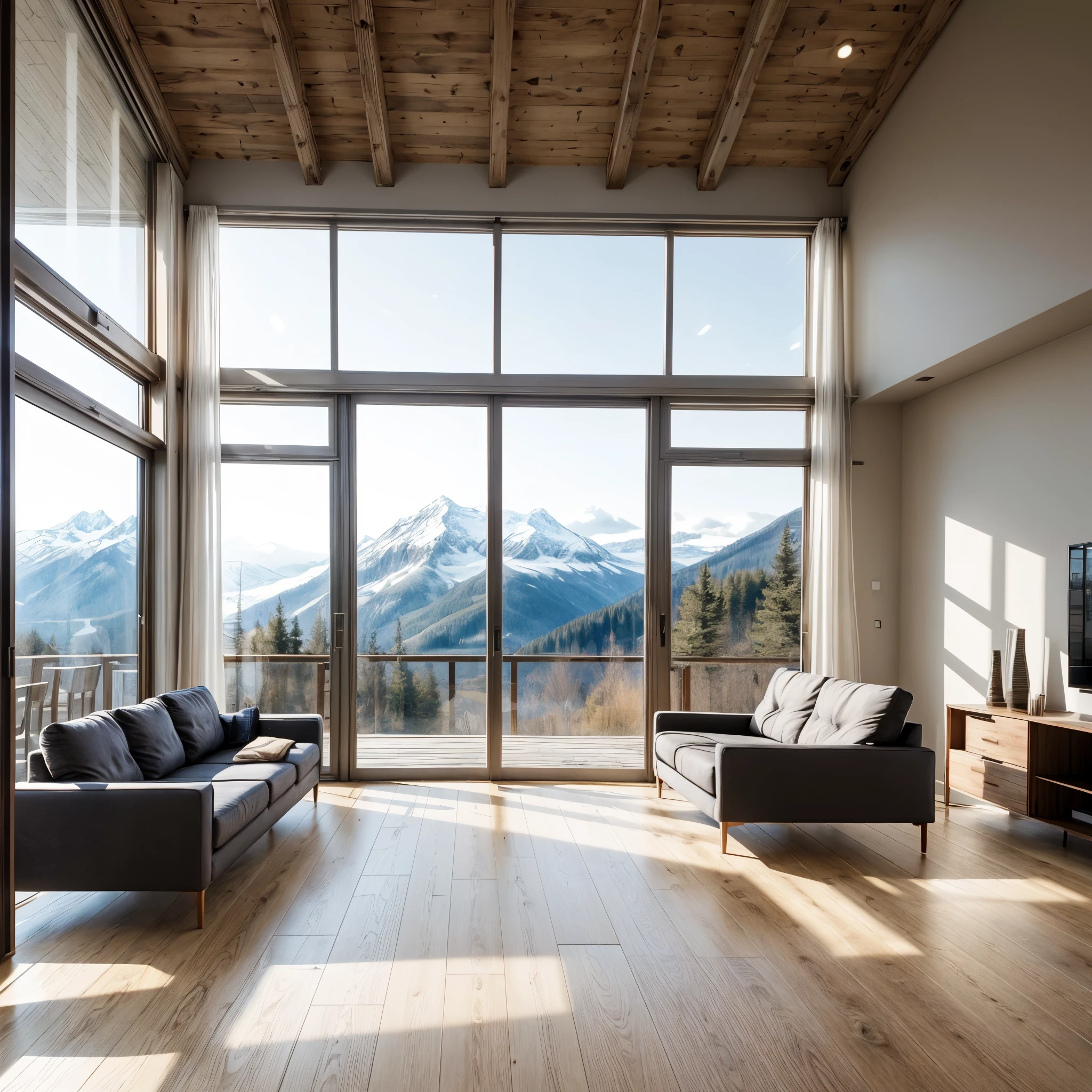 living room, interior, modern design, (one big window:1.2), mountain view, Alps, minimalist furniture, sleek lines, neutral colors, natural light, cozy ambiance, stylish decor, open space, wooden floors, contemporary art, elegant, scenic view, spacious, serene,