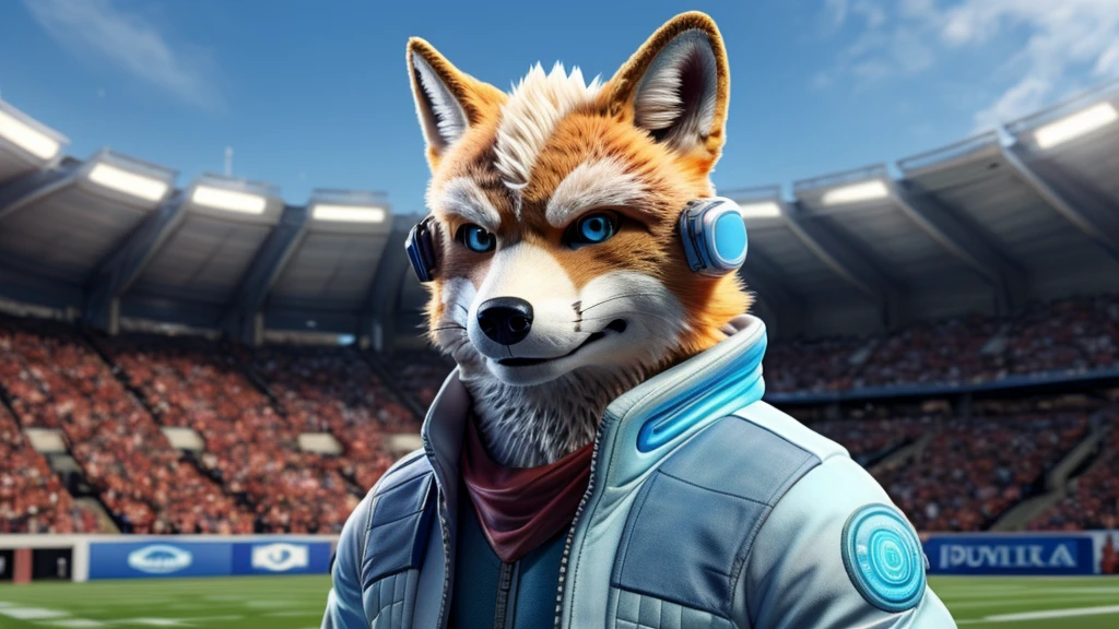 (melhor qualidade,16K,32K,alta resolução,Obra de arte:1.2),ultra-detalhado,(realista,photorealista,photo-realista:1.37),(Orochi Fox Mccloud) bright blue eyes, background of a stadium, with dark shades of blue, a strong fox, alone, looking at the camera serious expression brave and confident wearing a blue hoodie and blue blouse