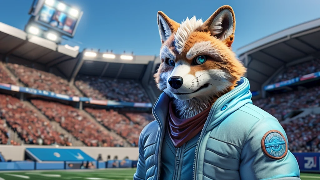 (melhor qualidade,16K,32K,alta resolução,Obra de arte:1.2),ultra-detalhado,(realista,photorealista,photo-realista:1.37),(Orochi Fox Mccloud) bright blue eyes, background of a stadium, with dark shades of blue, a strong fox, alone, looking at the camera serious expression brave and confident wearing a blue hoodie and blue blouse