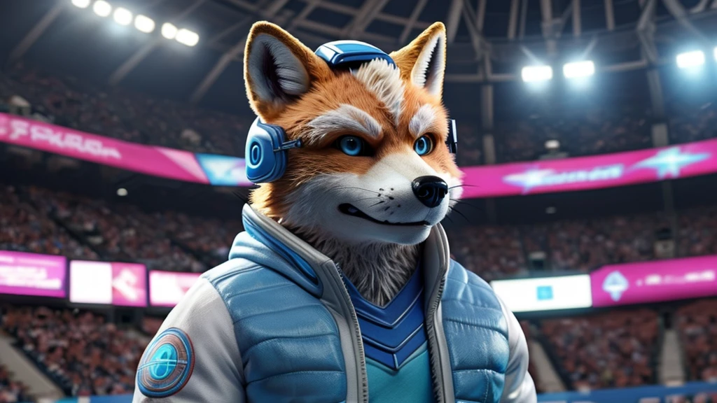 (melhor qualidade,16K,32K,alta resolução,Obra de arte:1.2),ultra-detalhado,(realista,photorealista,photo-realista:1.37),(Orochi Fox Mccloud) bright blue eyes, background of a stadium, with dark shades of blue, a strong fox, alone, looking at the camera serious expression brave and confident wearing a blue hoodie and blue blouse
