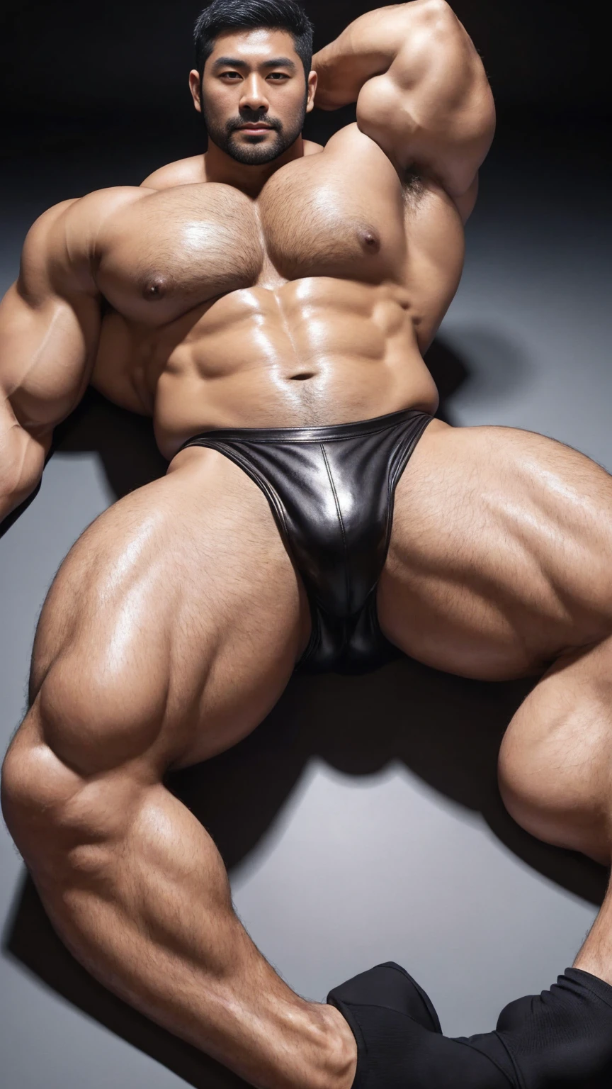 There is only one handsome Asian actor in the photo,35 years old,High target, Fitness,short hair, O-Shaped Beard,Perfect body, Dark skin color,Radiant Skin,Smooth skin,Shiny, shiny skin,Smooth pectoral muscles,No chest hair,No body hair,Muscle bulge, muscular, Very large pectoral muscles,Very sexy abdominal muscles,Very well-developed leg muscles,Huge concave and convex area,Brightens oily skin,Wearing black leather shiny thong,Handsome face, Correct and accurate male body proportions, Wear black socks,Lying on gray background。