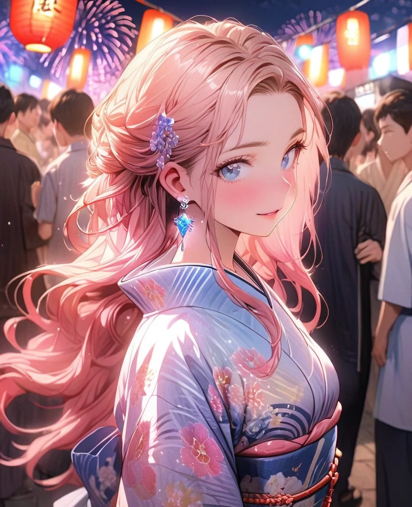 8K,gal,an extremely delicate and beautiful,Beautiful and realistic skin,Shiny jewel-like earrings,pink glowing tattoo,Long colerful hair,blue eyes,whole body,Sparkly beautiful yukata,Summer festival,night,Beautiful glowing fireworks