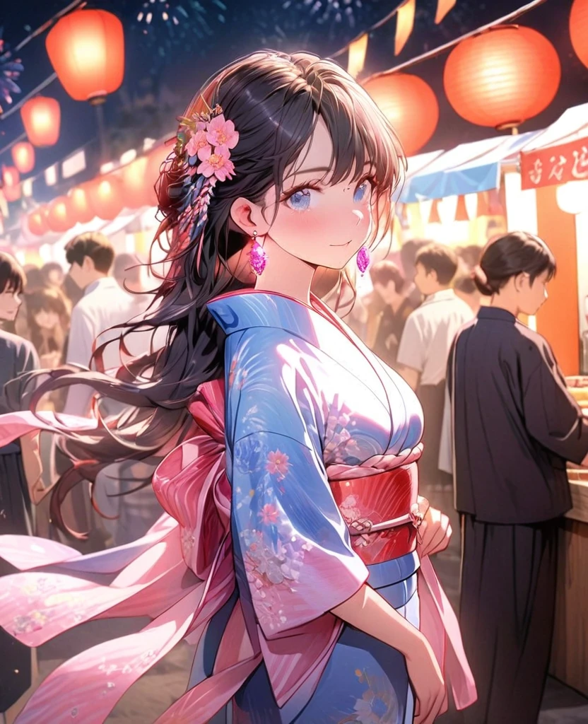 8K,gal，an extremely delicate and beautiful,Beautiful and realistic skin,Shiny jewel-like earrings,pink glowing tattoo,Long colerful hair,blue eyes,whole body,Sparkly beautiful  yukata,Summer festival,night,Beautiful glowing fireworks